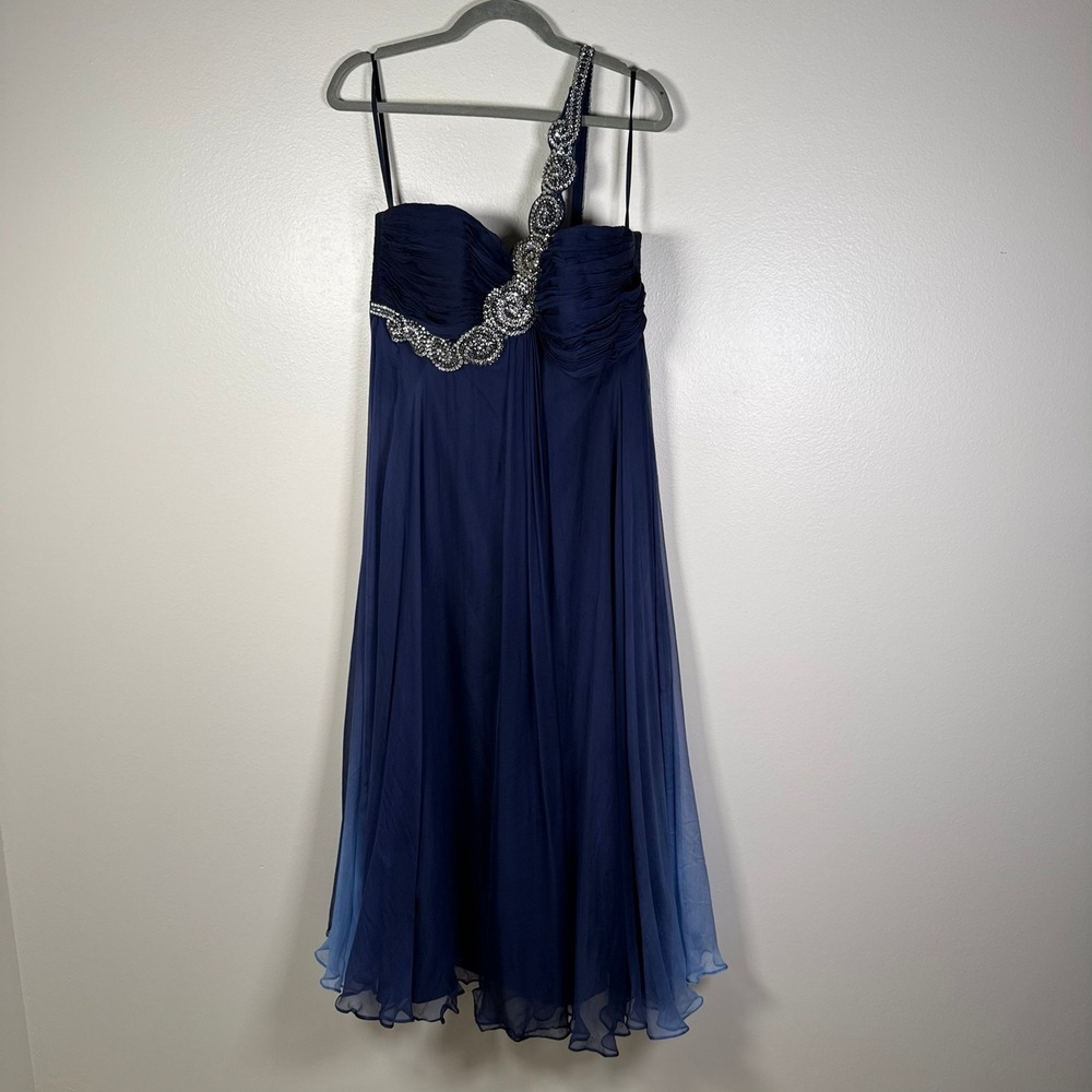 Jovani Silk Gown 18 Blue Ombre Beaded One Shoulder Asymmetrical Chiffon Dress